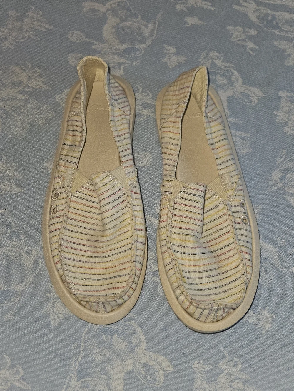 Sanuk Women's Multistripe Canvas Slip-Ons in Cream and Pastel Stripes